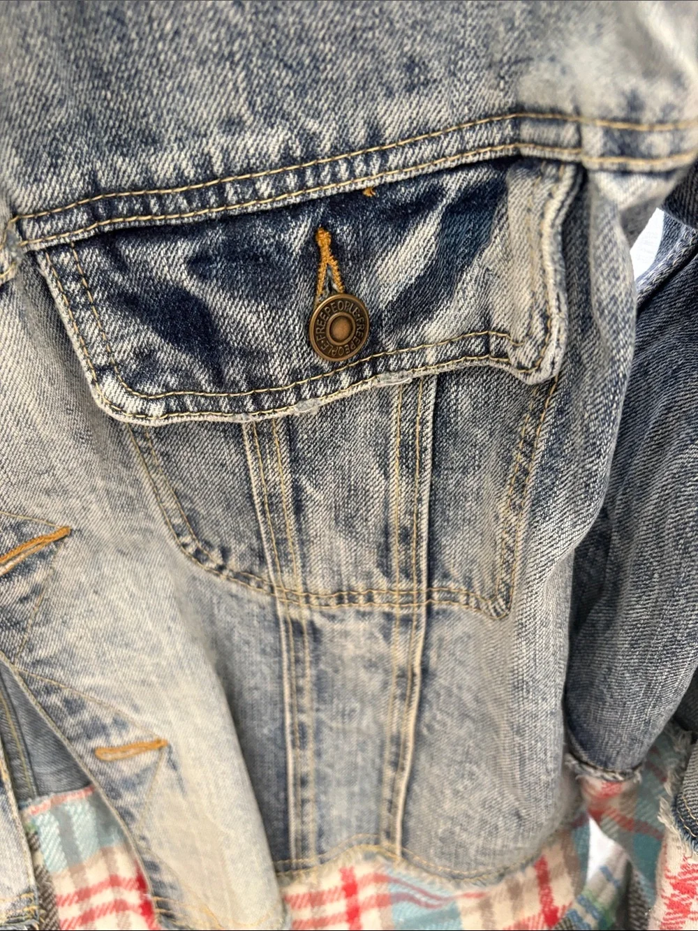Free People Blue Denim Jacket with Tan Collar and Multicolor Plaid Hem - Picture 5 of 9